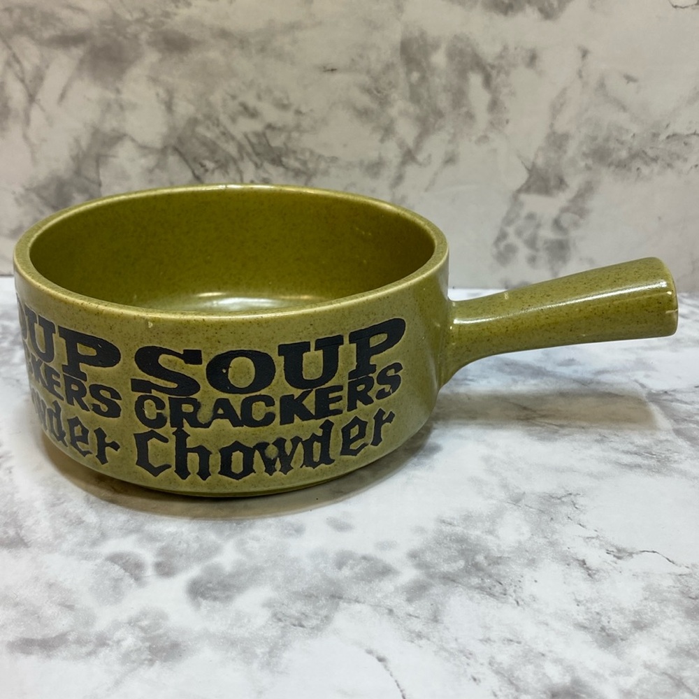 Vintage Handled speckled stoneware soup chowder bowl